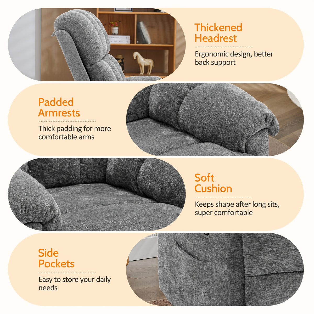 Living Room Single Chair, 360° Swivel Rocking Chair, Manual Rocking Chair for Small Spaces, Rocking Chair with Side Pockets And Armrest Storage, Deep Seat Cushion And Plush Backrest, Chenille Fabric, a Recliner Suitable for The Living Room