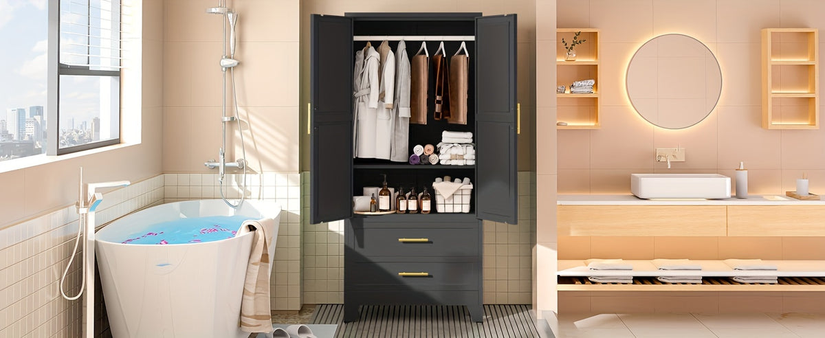 Mxa 71.39 "H metal storage cabinet with armrests, 2 drawers, adjustable shelves, clothesline, and home wardrobe