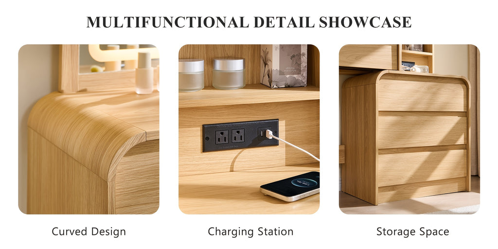Makeup Vanity Desk with 5 Drawers, Vanity Table with Touch Screen LED Mirror & Charging Station for Bedroom, Adjustable Shelf, Curved Profile Design