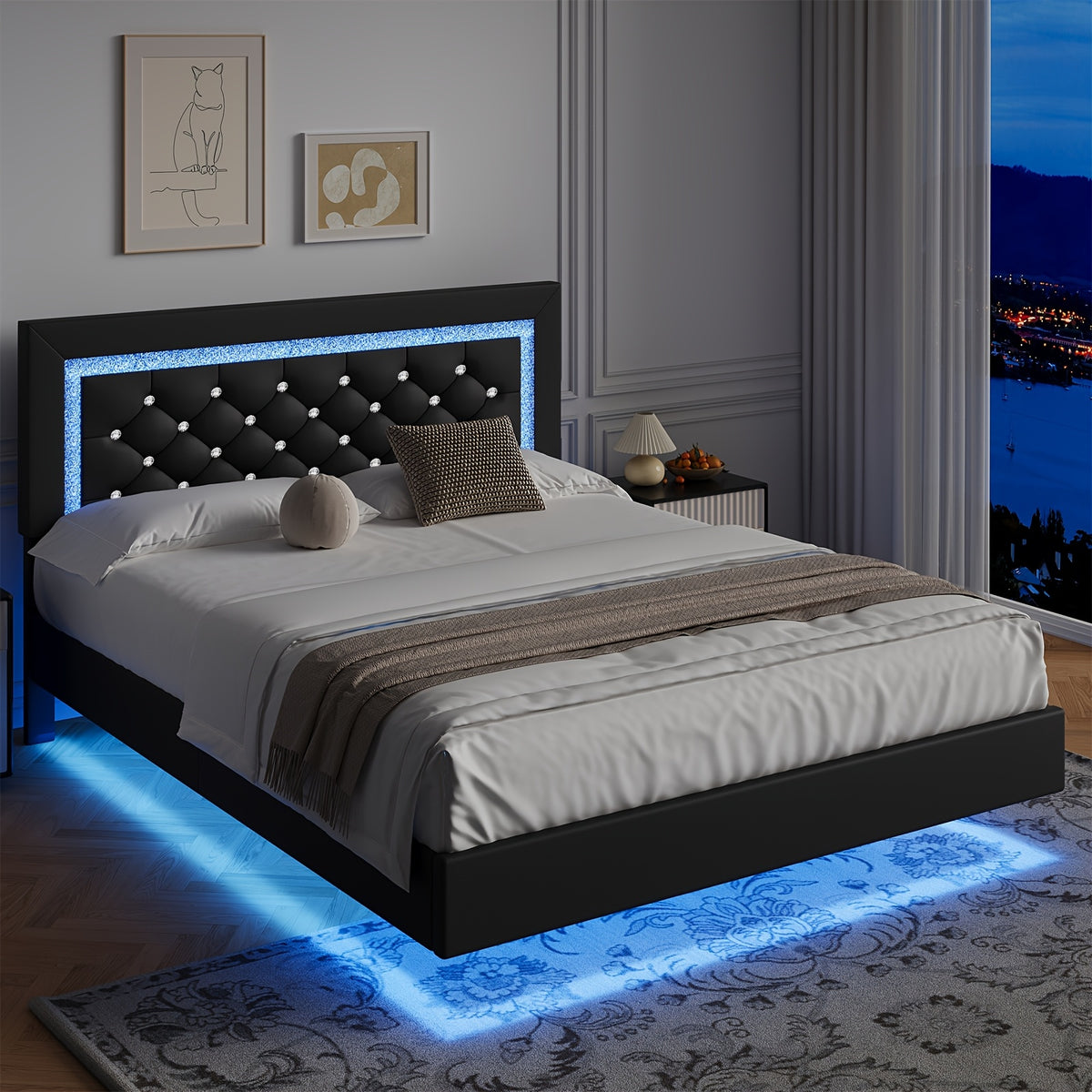Twin Full Queen King Size Floating Black/White/Pink Bed Frame with LED Lights, Platform Bed with Diamond Tufted Headboard, Wood Bed Frame, Bed Frame Queen Size No Box Spring Needed, Noise Free, Easy Assembly, Black/White/Pink
