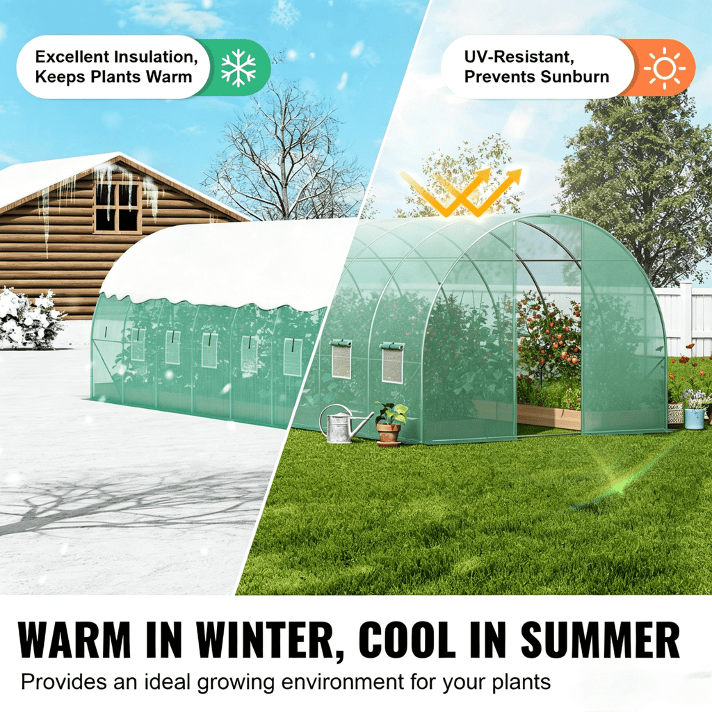 VEVOR Walk-in Tunnel Greenhouse 19.36x9.68x7.4/27.38x9.5x7.38ft Galvanized Frame PE Cover Green (No Door)