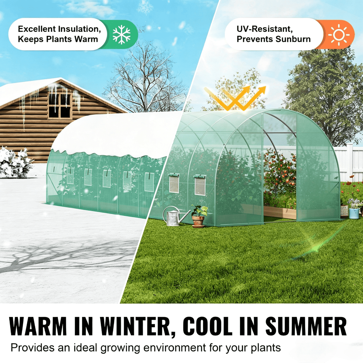 VEVOR Walk-in Tunnel Greenhouse 19.36x9.68x7.4/27.38x9.5x7.38ft Galvanized Frame PE Cover Green (No Door)