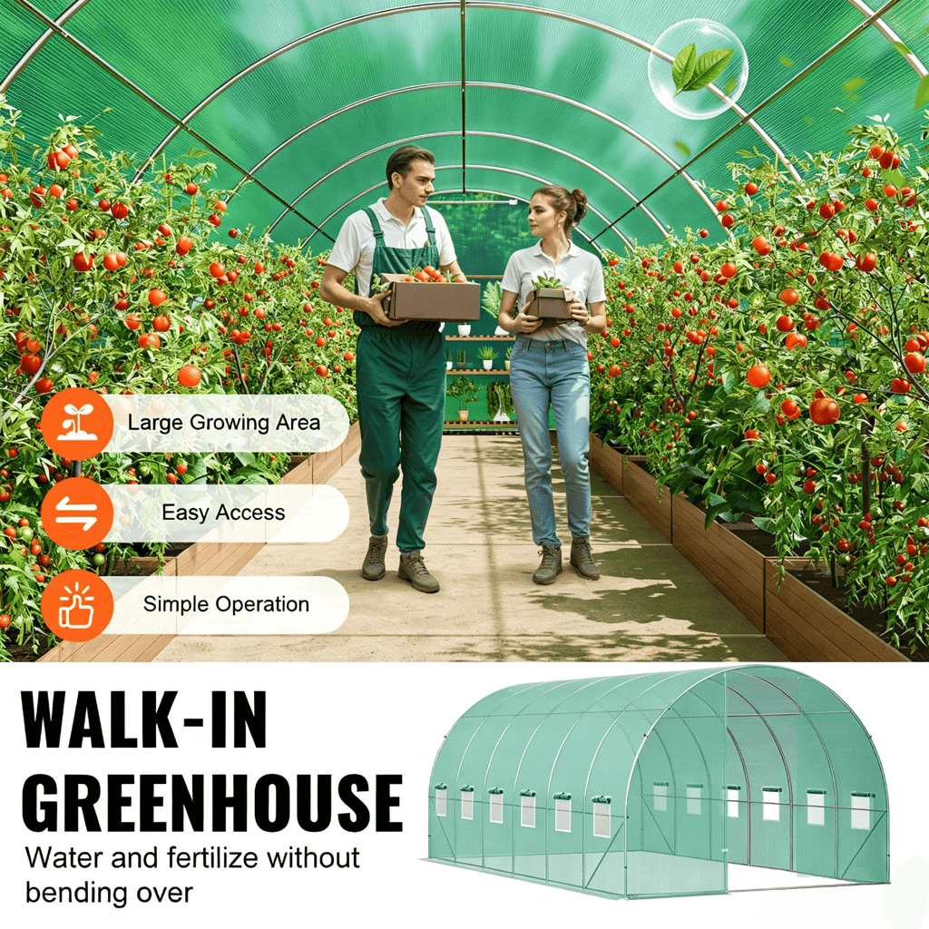 VEVOR Walk-in Tunnel Greenhouse 19.36x9.68x7.4/27.38x9.5x7.38ft Galvanized Frame PE Cover Green (No Door)