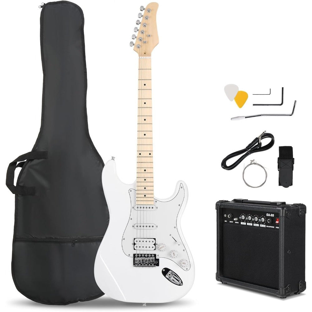 Electric Guitar Amp Set S-S-H Pickup Configuration, Maple Fretboard, White Finish with White Pickguard Christmas Gift/ Holiday Essential