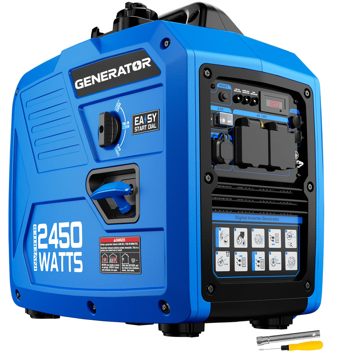 2450W Portable Inverter Generator - Ultra-Quiet Gas Generator with 1.6-Gallon Fuel Tank - Up to 8.3-Hour Runtime for Home Backup, RV Camping & Emergency Outages