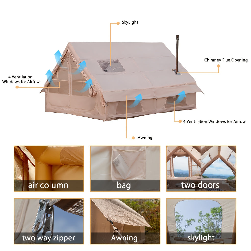 PAKICETUS Large Inflatable Camping Tent (Optional: Skylight, Stove Jack, and Door), Quick Air-Flow & Breathable Mesh Design, Summer Glamping Hot Tents for Camping with Stove, Quick Setup Inflatable Camping Tent for 4-6 Person Families, All-season