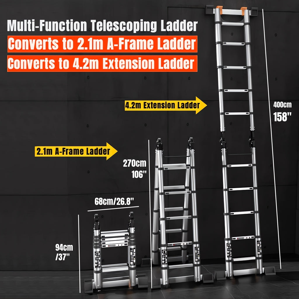 Ladders14 FT A-Frame Extension Ladder, Step Ladder Heavy Duty Stainless Steel Telescoping Ladder with Stabilizer Bar, 350 Lbs Capacity Multi-Position Ladder for Home, Indoor, Outdoor, Stairs, Roof, Folding Storage Ladder