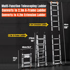 Ladders14 FT A-Frame Extension Ladder, Step Ladder Heavy Duty Stainless Steel Telescoping Ladder with Stabilizer Bar, 350 Lbs Capacity Multi-Position Ladder for Home, Indoor, Outdoor, Stairs, Roof, Folding Storage Ladder