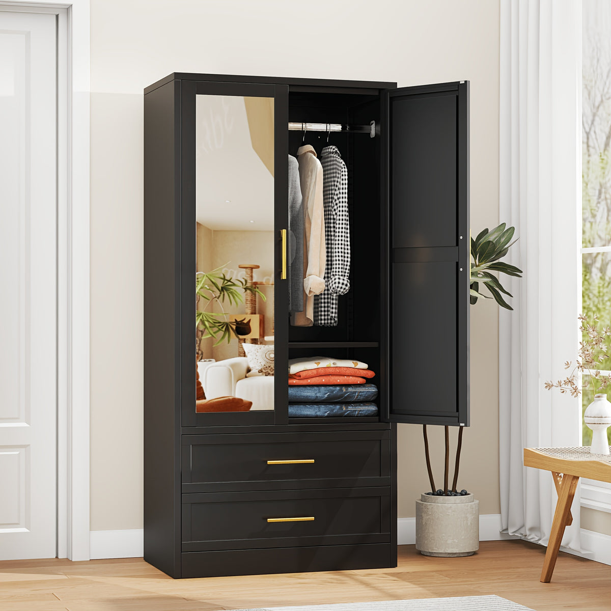 71 Inch Metal Wardrobe with Mirror, 2 Drawers, Adjustable Shelves And Hangers, Clothing Storage Cabinet for Bedroom