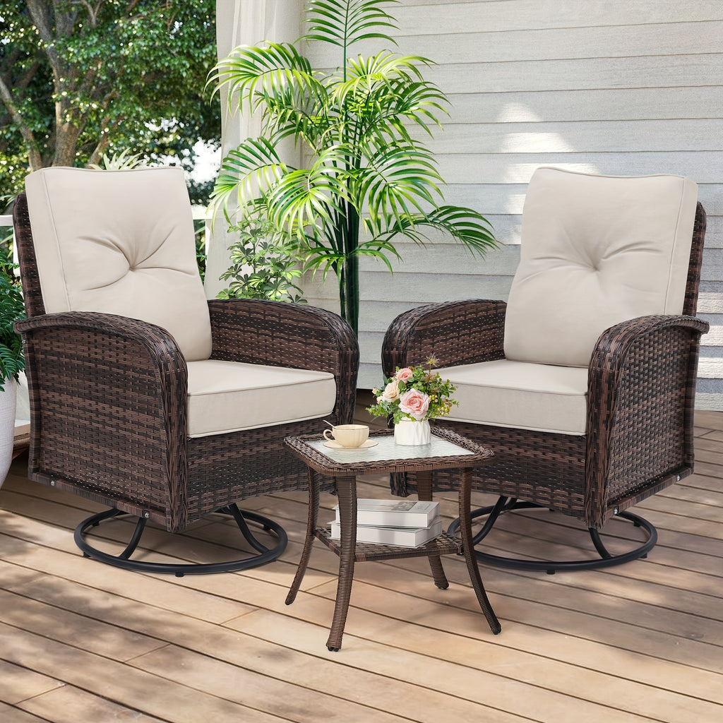 3pcs Patio Furniture Set, Outdoor Swivel Rocking Chairs with Glass Top Table and Thick Cushions for Porch, Deck, Balcony, Poolside, Patio Table And Chairs Set, Outdoor Dining Table And Chairs, Patio Chairs, Outdoor Furniture, Patio Set, Porch Seating, Dec
