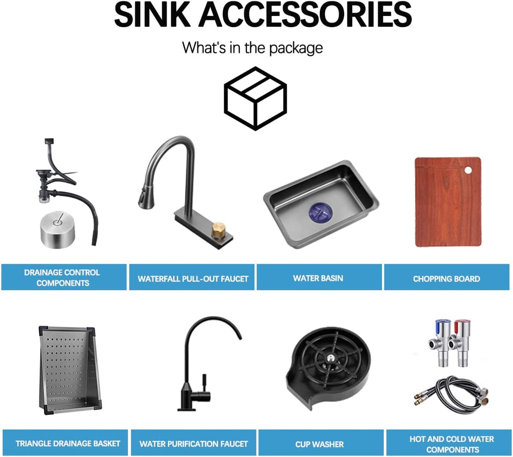 33x22 INCH Nano Black Flying Rain Drop In Stainless Steel Watefall Kitchen Sink Single Bowl with Pull Down Faucet Set Accessories Included