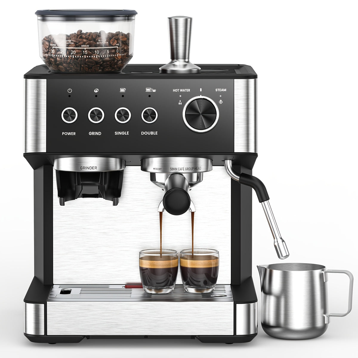 All-In-One Espresso Machine With Built-In Grinder, 15-Bar Pressure, Steam Milk Frother Wand, Cappuccino & Espresso Maker With Hot Water Dispenser