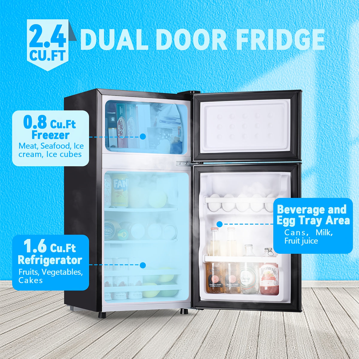 [Large Capacity Fridge] 2.4/5.5 Cu.Ft. Refrigerator with Freezer, Double Door Fridge, Adjustable Thermostat, Large Capacity, Refrigerator for Apartment, Office, Dorm, Home, Silvery
