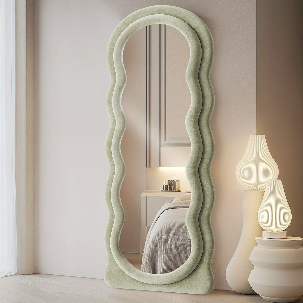 63x24 Inches Flannel Frame Wavy Full Length Mirror, Hanging or Leaning Mirror, Irregular Makeup Mirror Elegant Wall Mirror for Bedroom Cloakroom Bathroom Living Room Decorative
