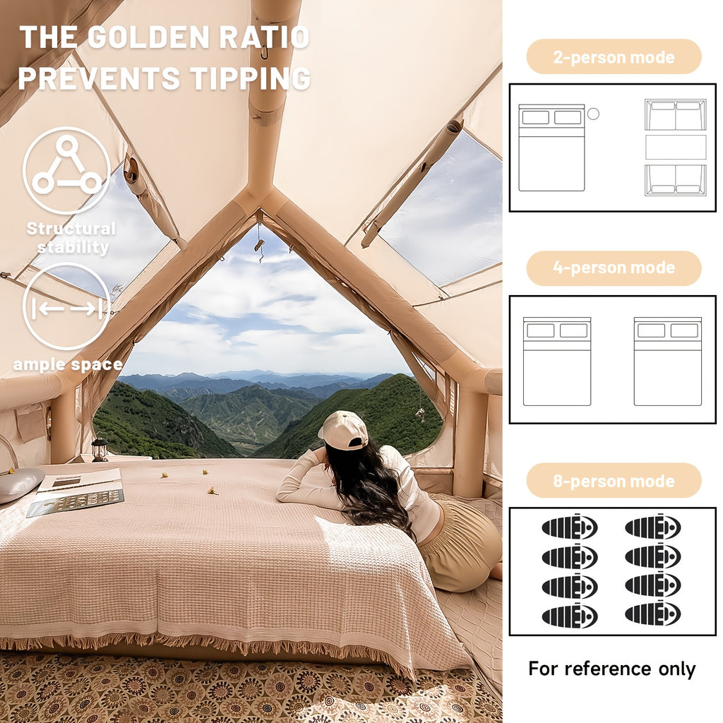 PAKICETUS Large Inflatable Camping Tent (Optional: Skylight, Stove Jack, and Door), Quick Air-Flow & Breathable Mesh Design, Summer Glamping Hot Tents for Camping with Stove, Quick Setup Inflatable Camping Tent for 4-6 Person Families, All-season