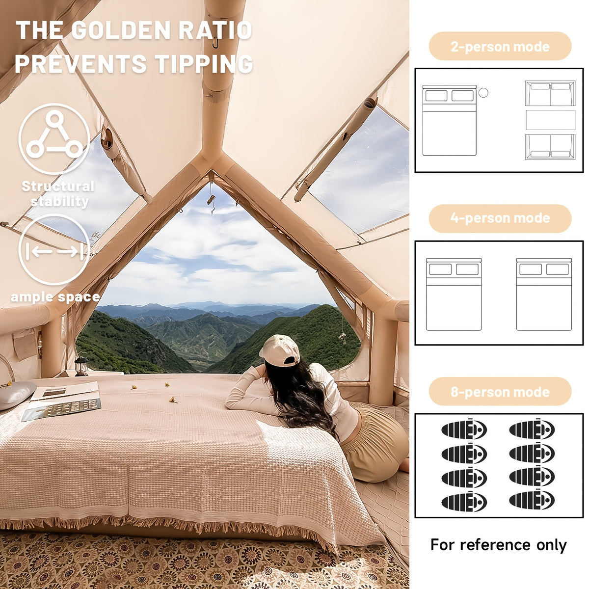 PAKICETUS Large Inflatable Camping Tent (Optional: Skylight, Stove Jack, and Door), Quick Air-Flow & Breathable Mesh Design, Summer Glamping Hot Tents for Camping with Stove, Quick Setup Inflatable Camping Tent for 4-6 Person Families, All-season