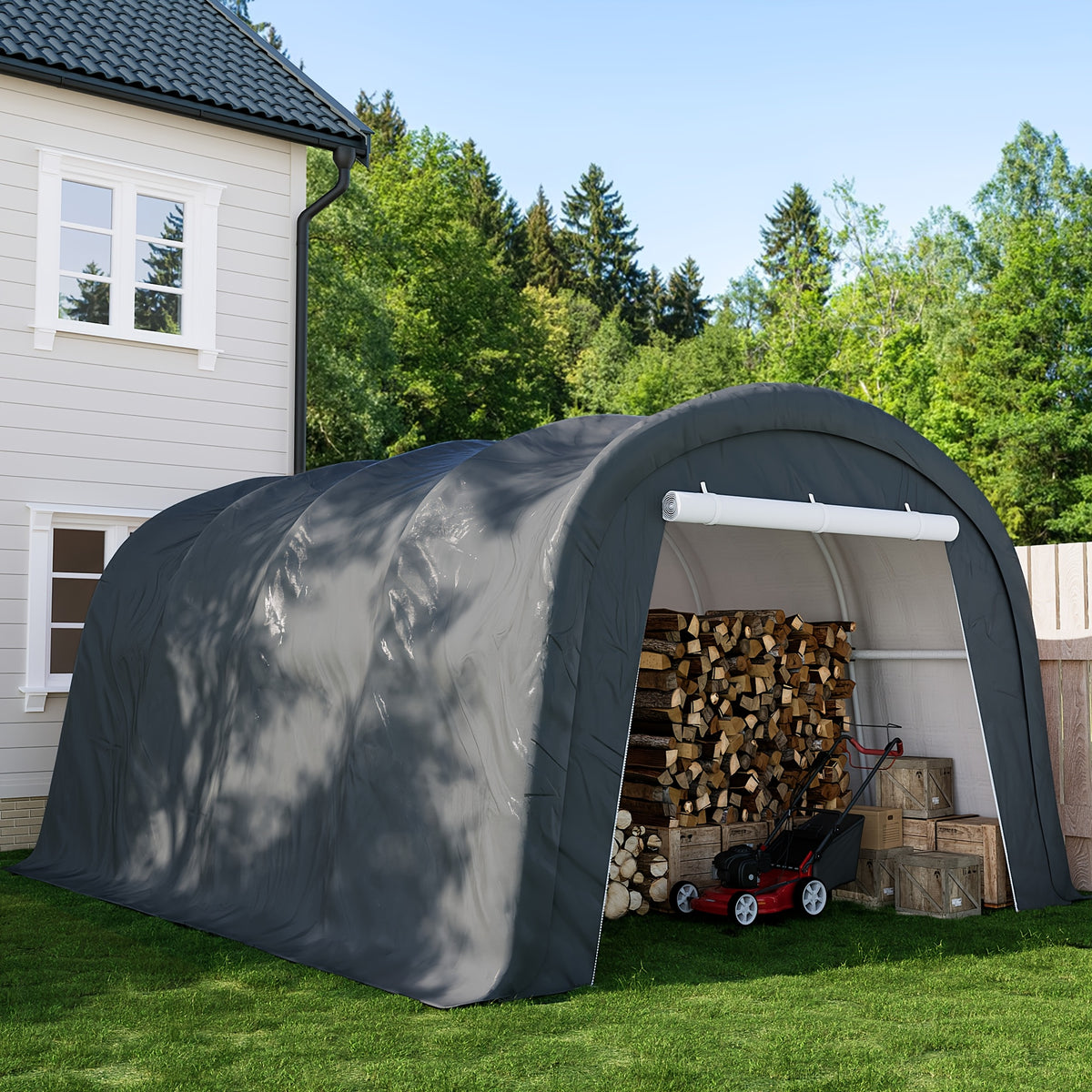 Outdoor Carport, Garage, Outdoor Storage, Courtyard Round Portable Garage, Outdoor 13 X 20ft Or 10 X 20ft Heavy Duty Carport, Tensioner And 2 Roll Up Doors Waterproof PE Fabric Car Port, Garage, Storage Shed, Tent for Storage, SUV, Brown/Grey