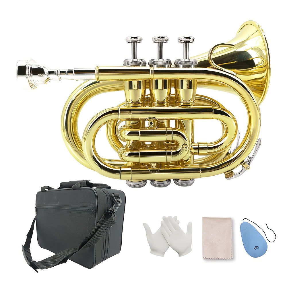 WUQIMUSC Bb Pocket Trumpet Nickel Plated, Brass Beginner Trumpet with 7C Mouthpiece, Case, Cleaning Kit & Gloves Musical Instruments Gift
