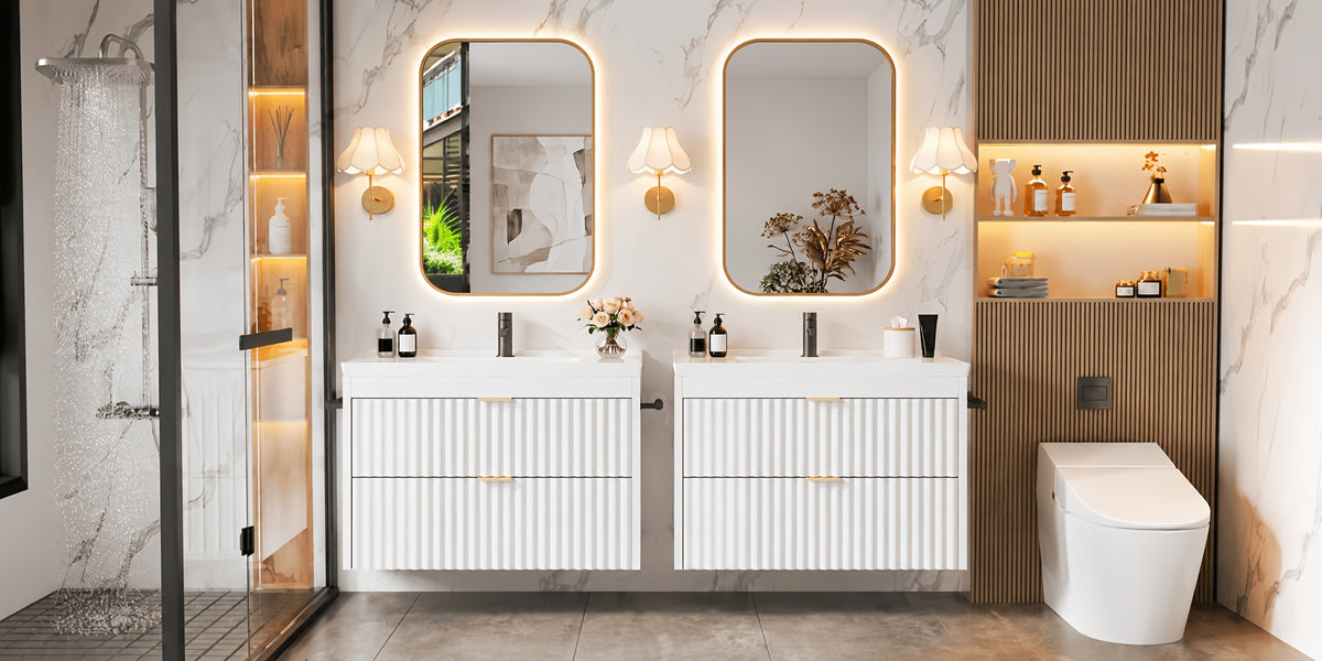 24" Wall Mount Floating Bathroom Vanity with LED Lighting, 3-Hole Ceramic Sink Included, Wave Fluted Textured Cabinet Door, 2 Soft Close Drawers, Modern Suspended Bathroom Vanity Cabinet for Small Bathrooms, Black & White Optional
