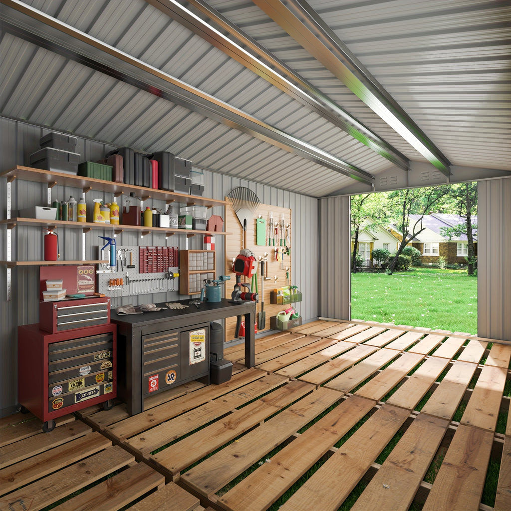 8x8 FT Storage Shed, Large Metal Tool Sheds With Lockable Doors, Outdoor Storage Shed For Backyard Garden Patio Lawn, Grey