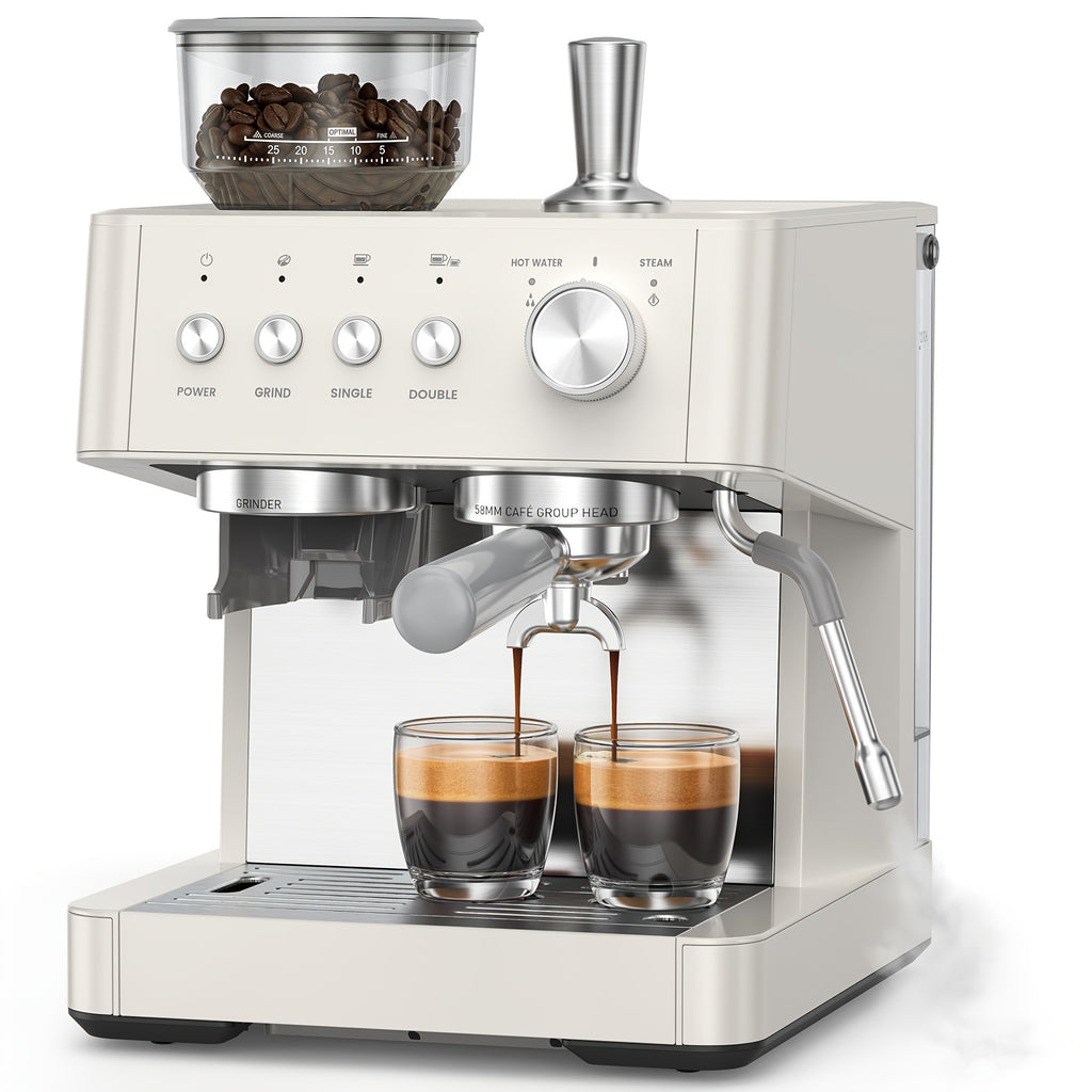 All-In-One Espresso Machine With Built-In Grinder, 15-Bar Pressure, Steam Milk Frother Wand, Cappuccino & Espresso Maker With Hot Water Dispenser