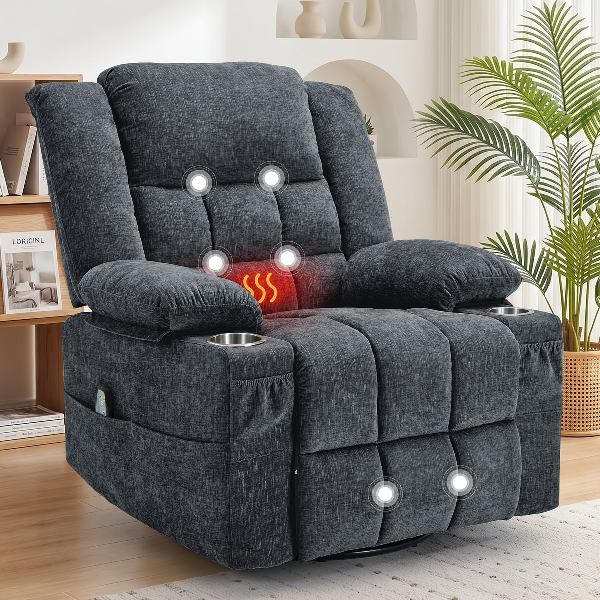 Personal Care Home Massage Chair, 360° Rotation Of Massage Heating Function Comfortable Recliner Chair, Manual Adjustable Angle Leisure Rocking Chair, Massage Sofa Chair with Side Pockets And Front Pockets, with Built-in Cup Holders And Thickened