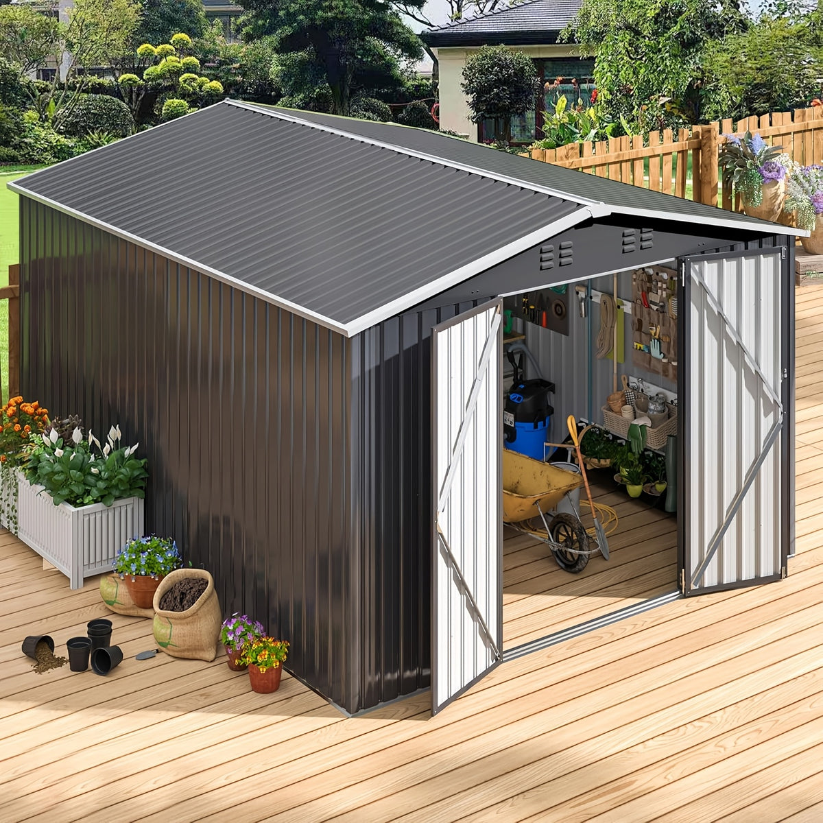 Outdoor Storage Shed, Metal Shed with Updated Frame Structure And Lockable Doors, Large Shed Upgrade Height Ideal for Garden, Backyard, Patio Utility And Tool Storage