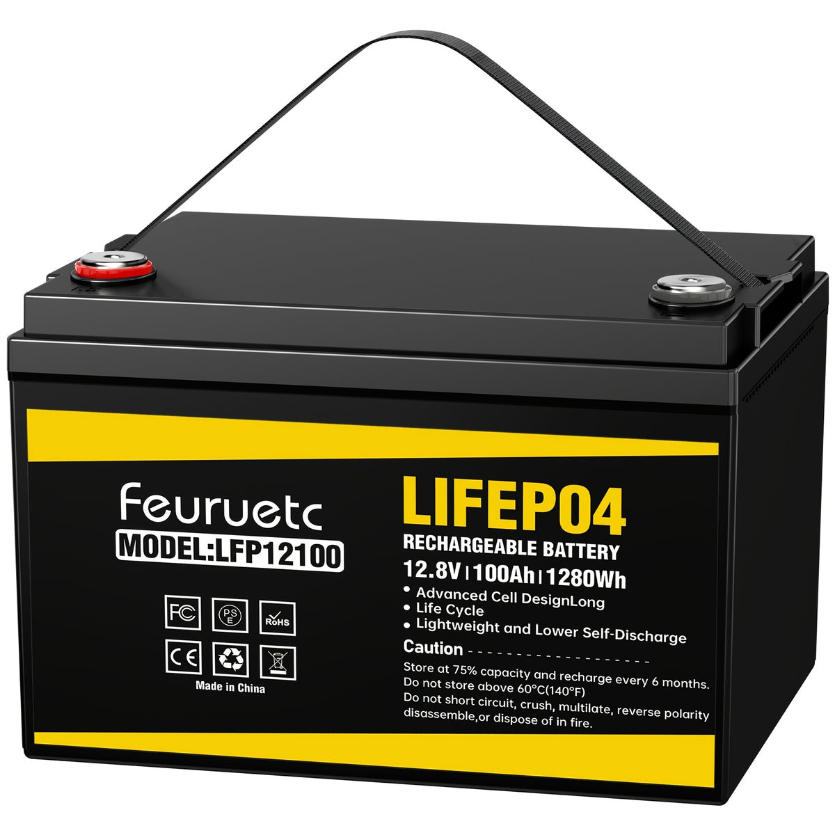 Feuruetc 12V 100Ah LiFePO4 Lithium Battery, Deep Cycle Golf Cart Battery With Built-in 100A BMS, 15000+ Cycles, Perfect Replacement For Lead-Acid, Lightweight & Long-Lasting For RV, Camper, Solar Energy Storage, Off-Grid Power System