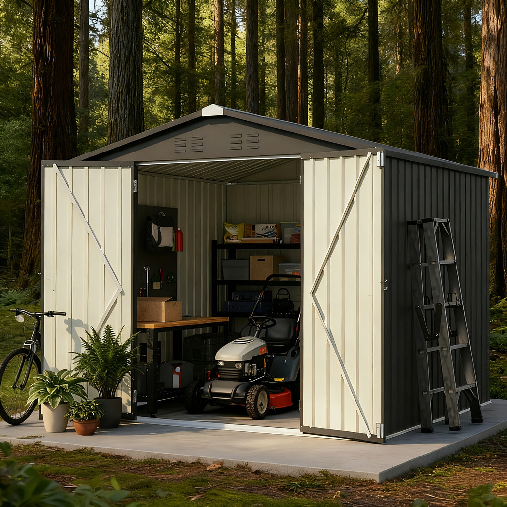 GUNJI 10X10 FT & 8 X 8 FT Outdoor Steel Storage Shed Metal Building Tiny House Lockable Door, Vertical Outside Storage Building For Garden, Backyard, Lawn, Patio Utility, Tool Storage, Bike Carport, Free Shipping