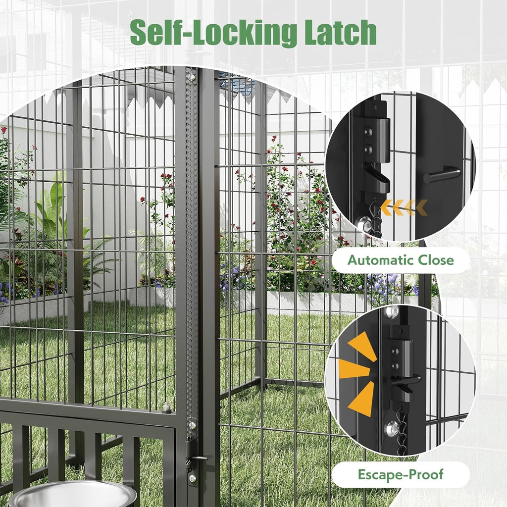 Heavy Duty Outdoor Dog Kennel for Yard, 10x10 Large Chain Link Fence with Roof, Dog Run Enclosure with Self-Locking Latch & Feeding Bowl