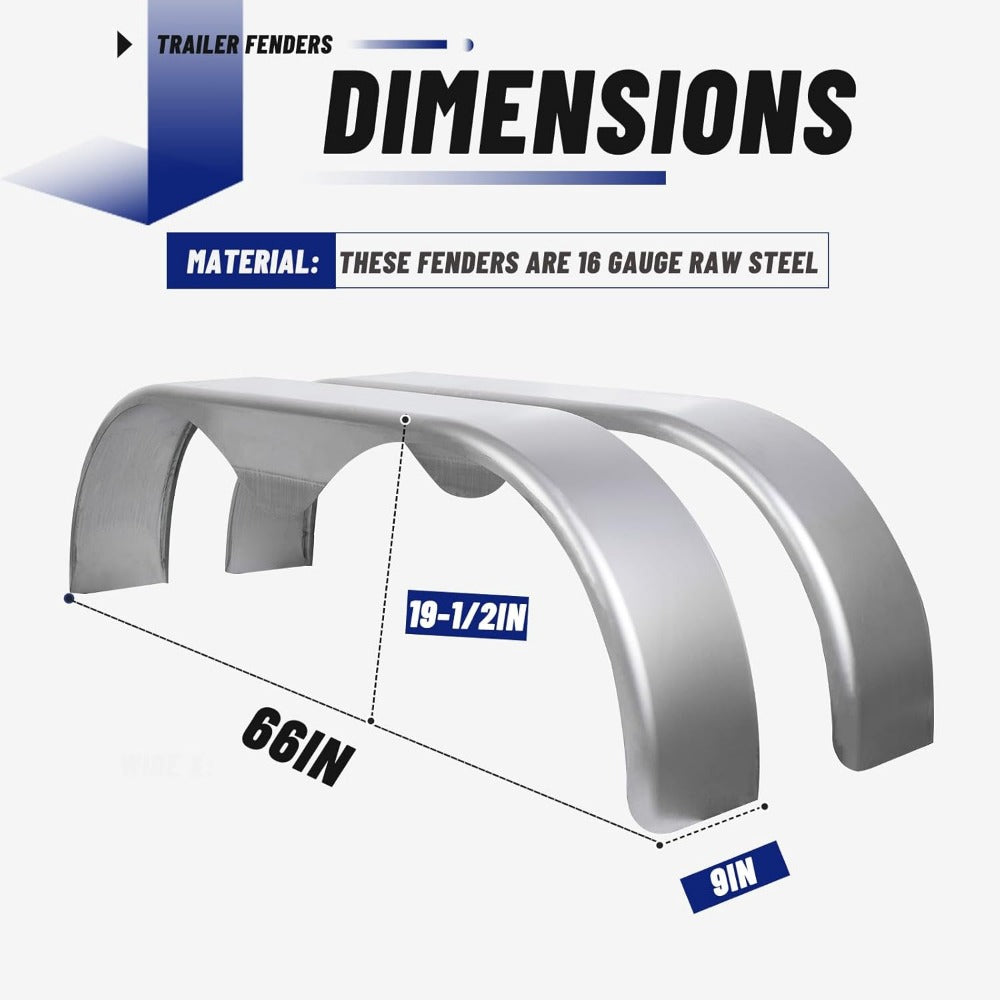 2Pcs Tandem Trailer Fender Double Axle Compatible with 13-15 Inch Wheels Teardrop Pair Enclosed Trailers 9" x 66" x 19.5" - Cold Rolled Steel (halloween & car accessories)