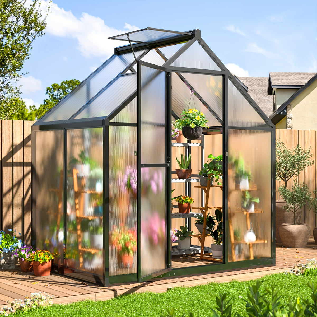 [Large Walk-in Greenhouse] VIWAT Greenhouse for Outdoors, Polycarbonate Greenhouse With Quick Setup Structure and Roof Vent, Aluminum Large Walk-in Greenhouse for Outside Garden Backyard, Garden Houses