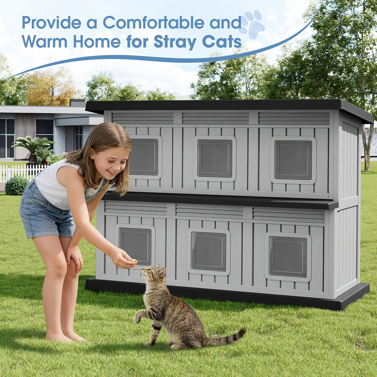 2-Tier Outdoor Cat House, Weatherproof Cat Shelter with 6 Doors & Ventilation, All-Weather Cat Apartment for Stray/Indoor Cats, Perfect for Backyard, Garden, Patio, 2 Colors Available, Grey-Black And Grey-Blue