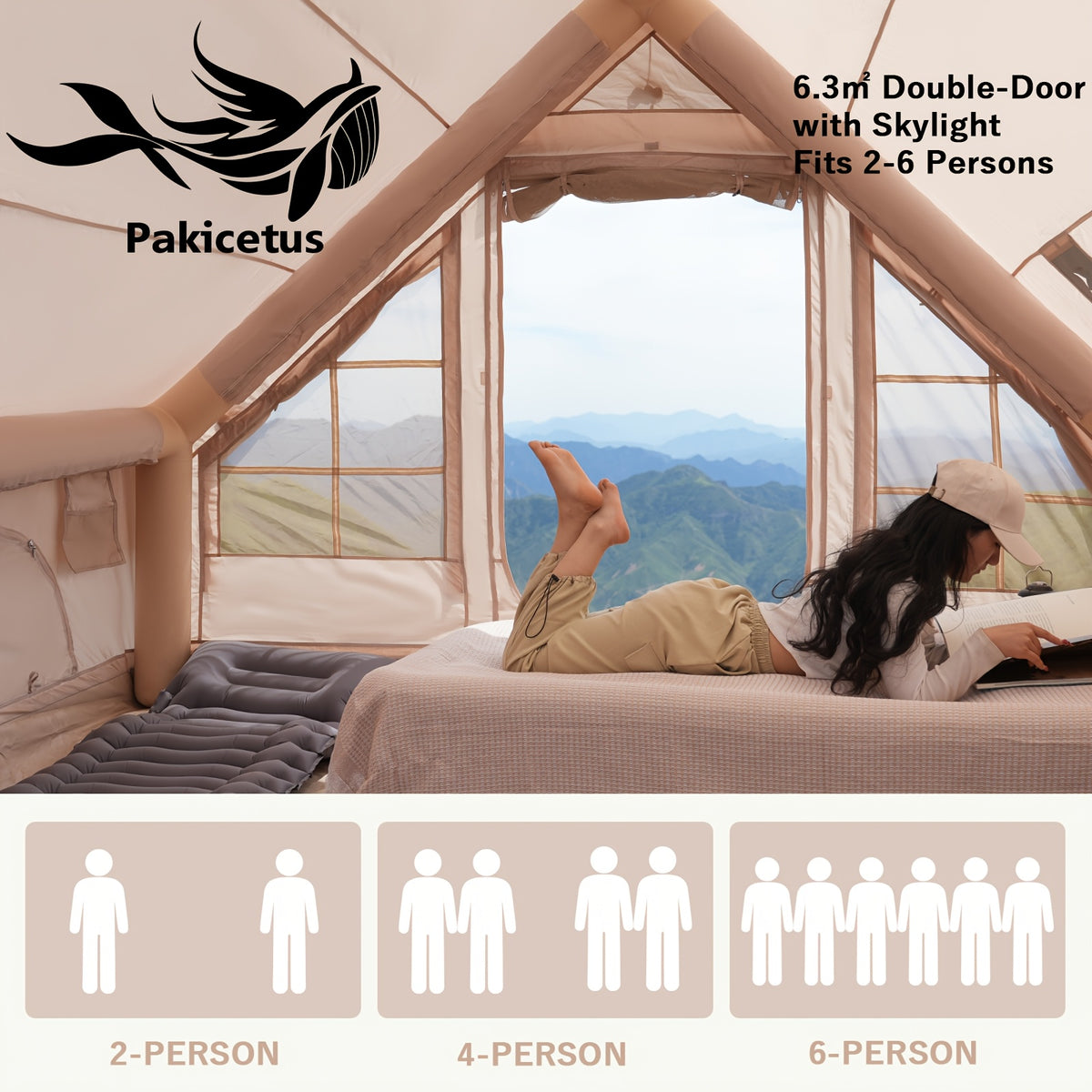 Pakicetus 2-4-6-8 Person Summer Camping Inflatable Tent, Quick Air Circulation with Breathable Mesh Design, Weather-Resistant Oxford Cloth Material Four-Season Camping Cabin, Spacious Full Mesh Windows and Door, Easy Setup with Manual Pump