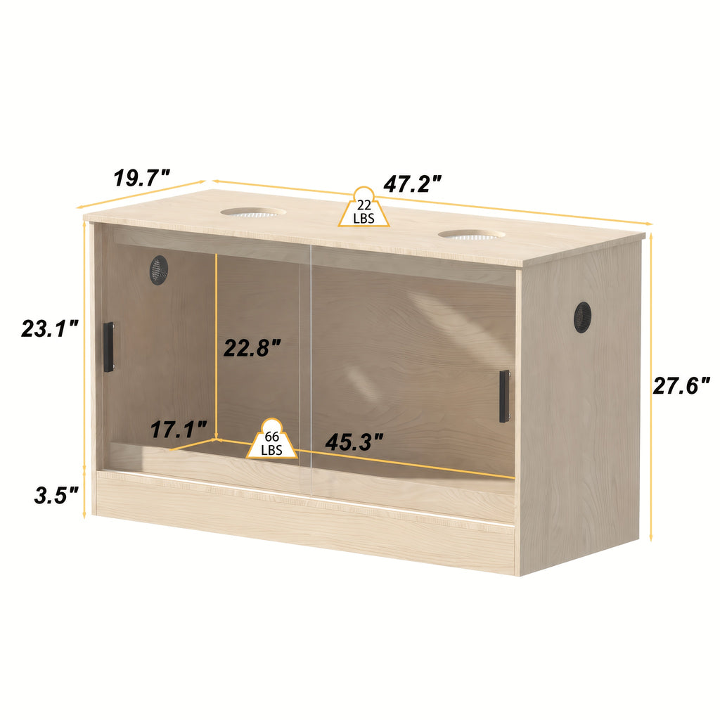 Large Reptile Enclosure with Sliding Glass Doors, Ventilated Terrarium Cabinet with Dual Air Vents, Easy Access Design, for Reptiles And Amphibians, Oak