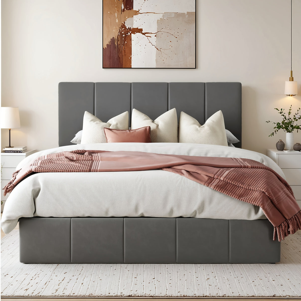 WEEWAY Lift Up Storage Bed, Modern Velvet Upholstered Headboard, Hydraulic Platform Bed, Wooden Slats Support, Heavy Duty Mattress Foundation, No Box Spring Needed, Easy Assembly, Full/Queen/King Size, for House Bedroom Furniture, Free Shipping