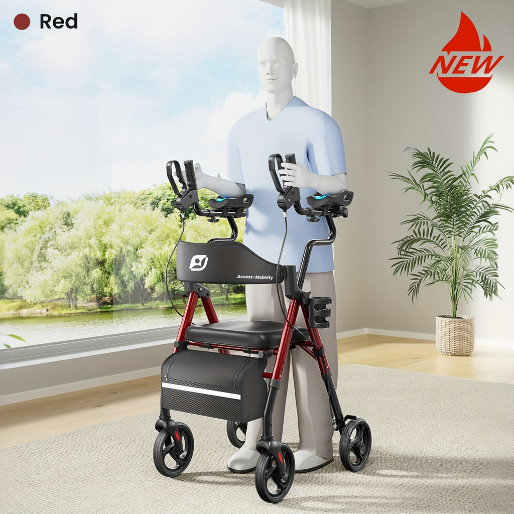 Maidesite Upright Walker, Stand Up Rollator Walker with Padded Seat and Backrest, Foldable Walker with Seat, Compact Folding, Fully Adjustment Frame, 8" Big Wheels for All Terrain, Ergonomic Seat and Backrest, Walkers for Seniors, Red