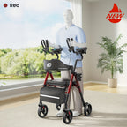 Maidesite Upright Walker, Stand Up Rollator Walker with Padded Seat and Backrest, Foldable Walker with Seat, Compact Folding, Fully Adjustment Frame, 8" Big Wheels for All Terrain, Ergonomic Seat and Backrest, Walkers for Seniors, Red