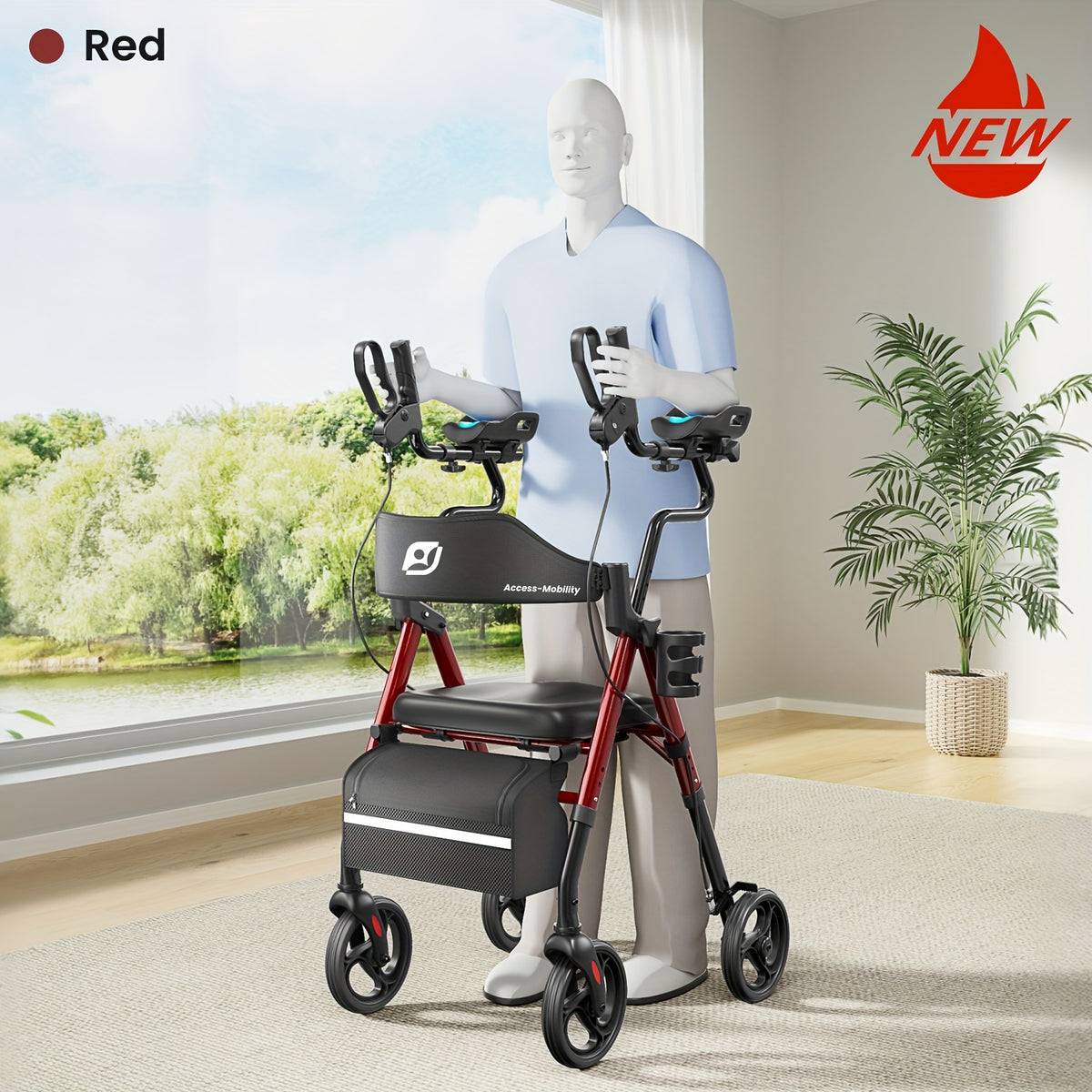 Maidesite Upright Walker, Stand Up Rollator Walker with Padded Seat and Backrest, Foldable Walker with Seat, Compact Folding, Fully Adjustment Frame, 8" Big Wheels for All Terrain, Ergonomic Seat and Backrest, Walkers for Seniors, Red