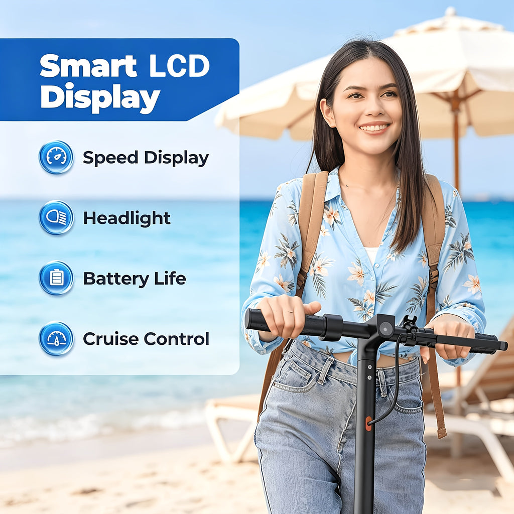 Long Distance Folding Adult Electric Scooter, 350W Motor, 8.5 Inch Anti-Slip Solid Tires, Smart APP& LCD Dashboard, 3 Adjustable Speeds, Dual Safe Brakes, LED Headlight Taillight, Built-in Bell, Aluminum Alloy Body, 265 LBS Load, Low Maintenance