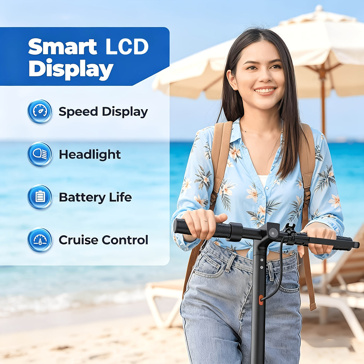 Long Distance Folding Adult Electric Scooter, 350W Motor, 8.5 Inch Anti-Slip Solid Tires, Smart APP& LCD Dashboard, 3 Adjustable Speeds, Dual Safe Brakes, LED Headlight Taillight, Built-in Bell, Aluminum Alloy Body, 265 LBS Load, Low Maintenance