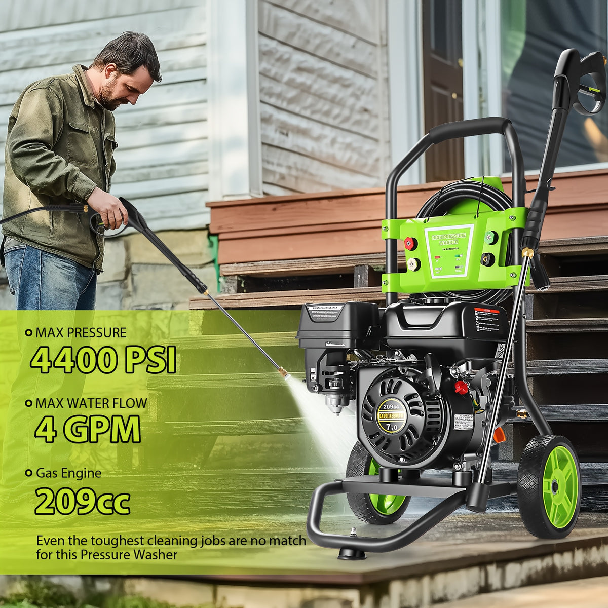 MAX 4400PSI 4GPM 209CC Commercial Gas Pressure Washer, 7.0 HP Professional Gas Power Washer with 5 Nozzles 25ft Hose 16.91oz Foam Bottle for Car Fence Driveway Yard (EPA/CARB/ETL Compliant)