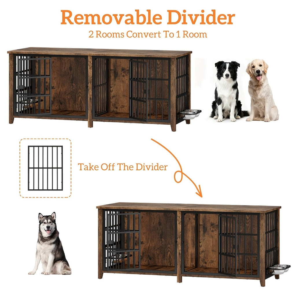 75/36/30in Furniture-Style Dog Crate with 360° Rotating Bowls, Adjustable Height, Safe Lock, Easy to Clean, Available In Gray/Brown, M, L, XL Sizes for One Or Two Dogs, Ideal for Home, Living Room Or Bedroom