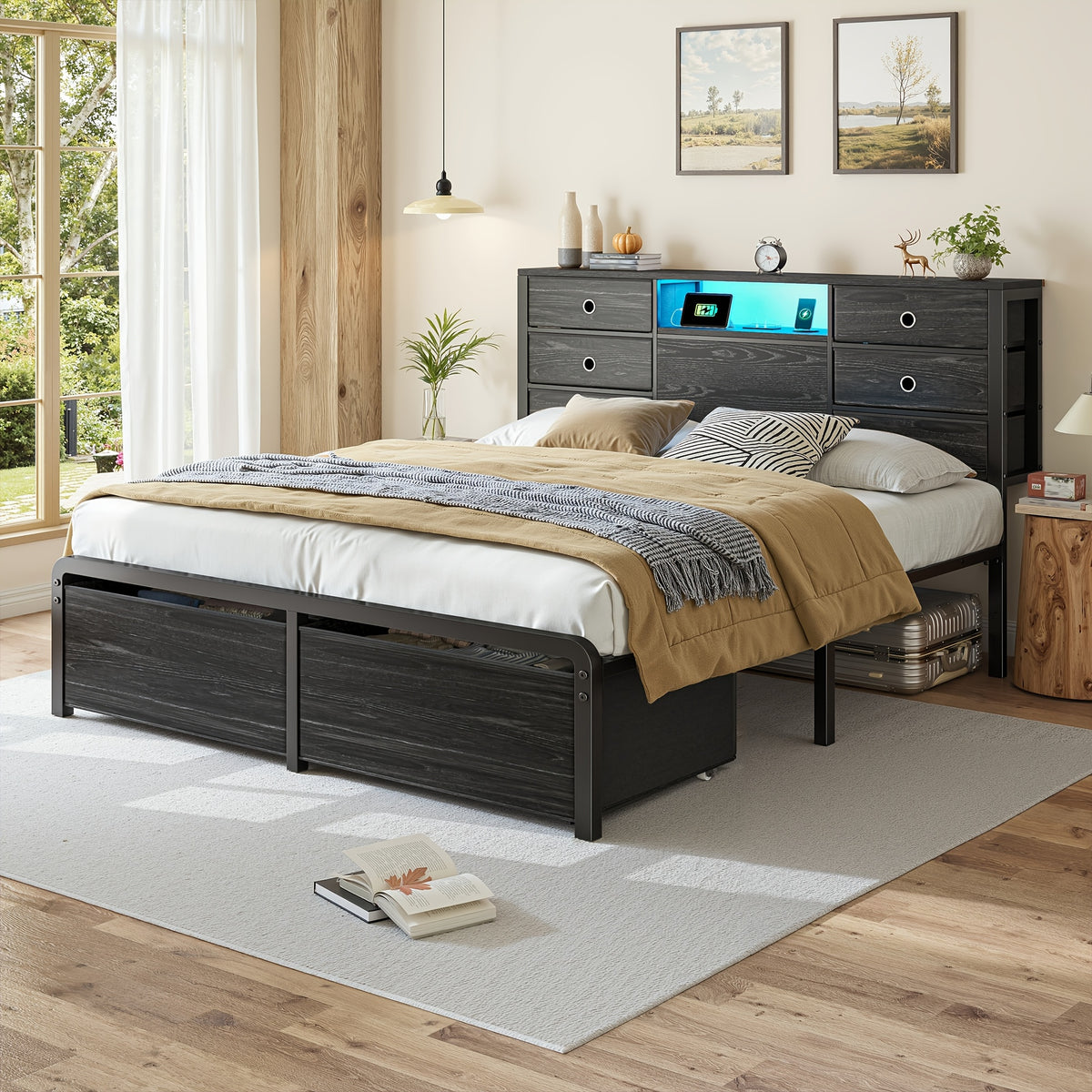 King/Queen/Full Size Storage Bed Frame With 8/9 Drawers & Headboard Storage, Strong Load-Bearing, Multi-Color LED & Power Outlet, Noiseless, Easy Assembly, Black & Tiger Brown
