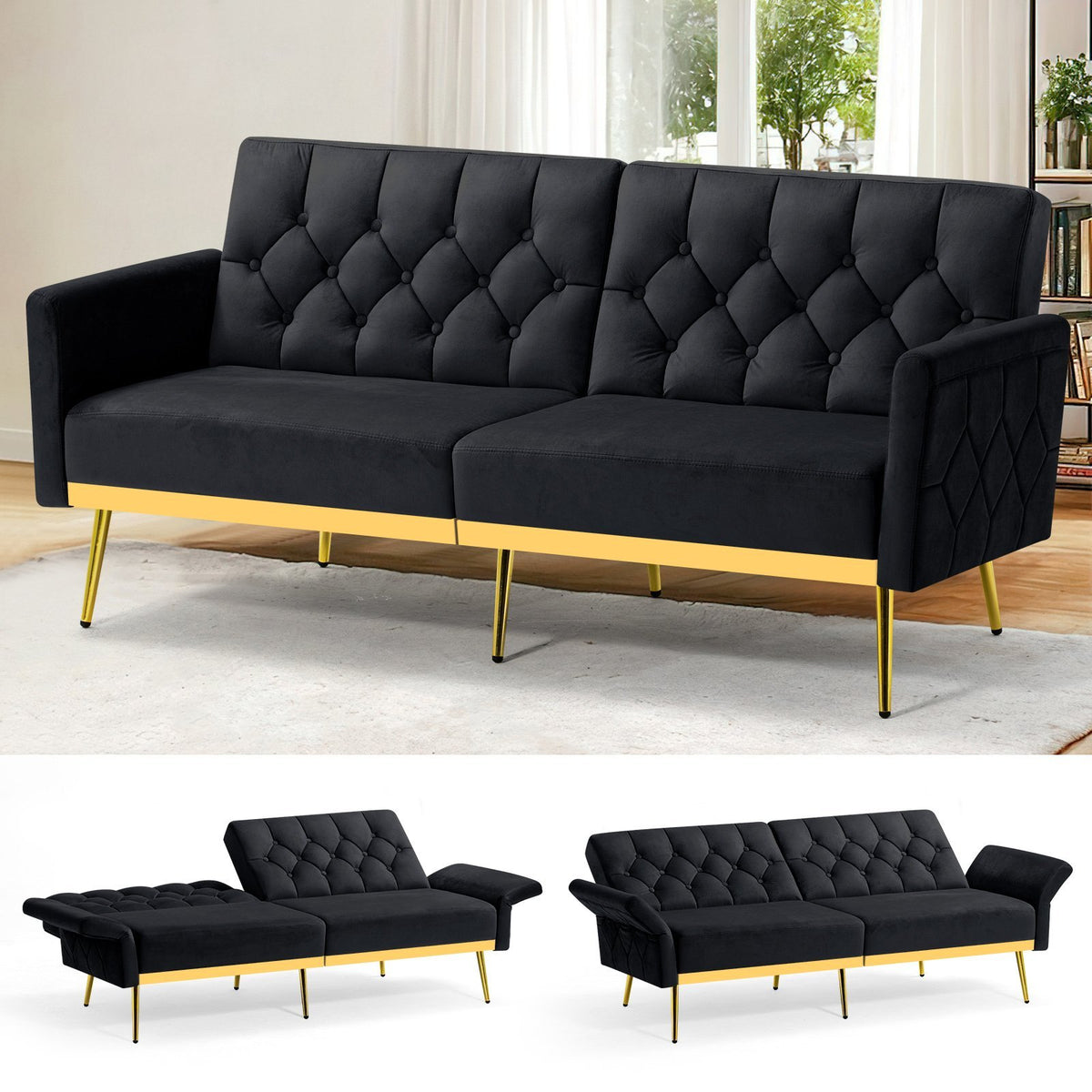 ACMEASE Velvet Sofa Bed Featuring Adjustable Armrests And Backrests, a Contemporary Recliner Sleeper Couch with a Tufted Design, a Convertible Loveseat Sofa with Golden Legs Suitable for The Living Room, Bedroom, Or Studio