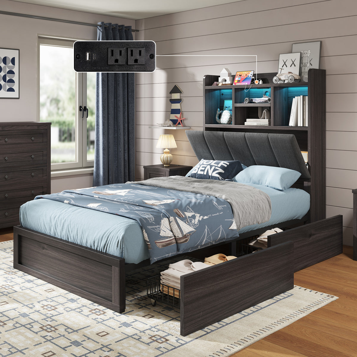 Platform Bed with 4 Storage Drawers, 51.2" Tall LED Bed Frame with Bookcase Headboard, Linen Upholstered, Charging Station& Hidden Storage Area, No Box Spring Needed