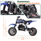 39cc gas powered mini bike, 4-stroke engine motorcycle with a maximum speed of 20 miles per hour, compact off-road bike, durable metal frame, easy to start drawstring system, small energy-saving motorcycle suitable for outdoor exploration, front and rear