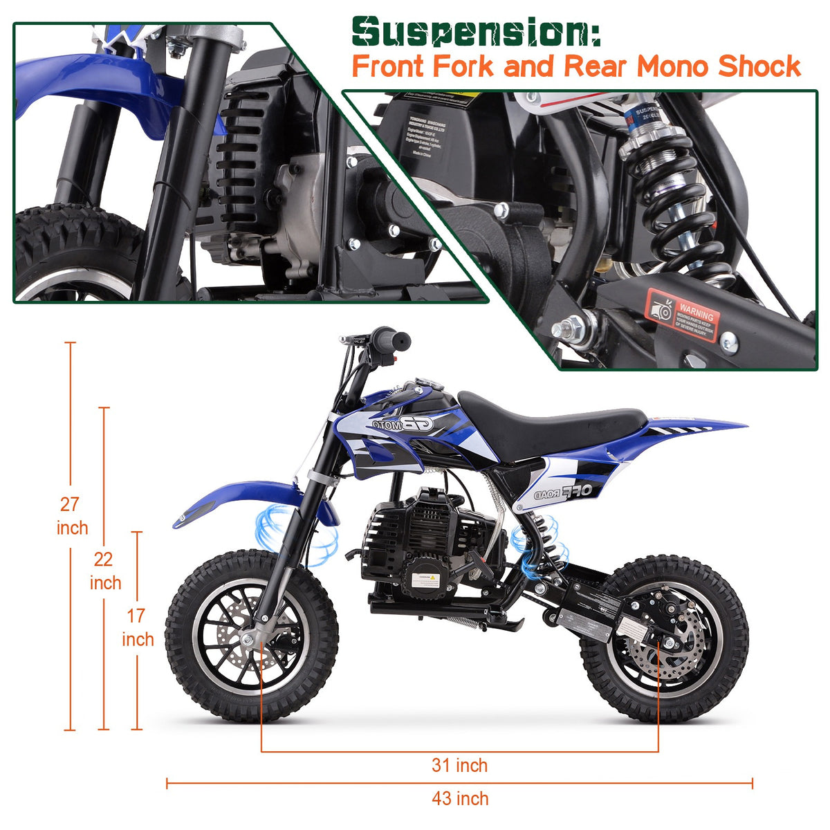 39cc gas powered mini bike, 4-stroke engine motorcycle with a maximum speed of 20 miles per hour, compact off-road bike, durable metal frame, easy to start drawstring system, small energy-saving motorcycle suitable for outdoor exploration, front and rear