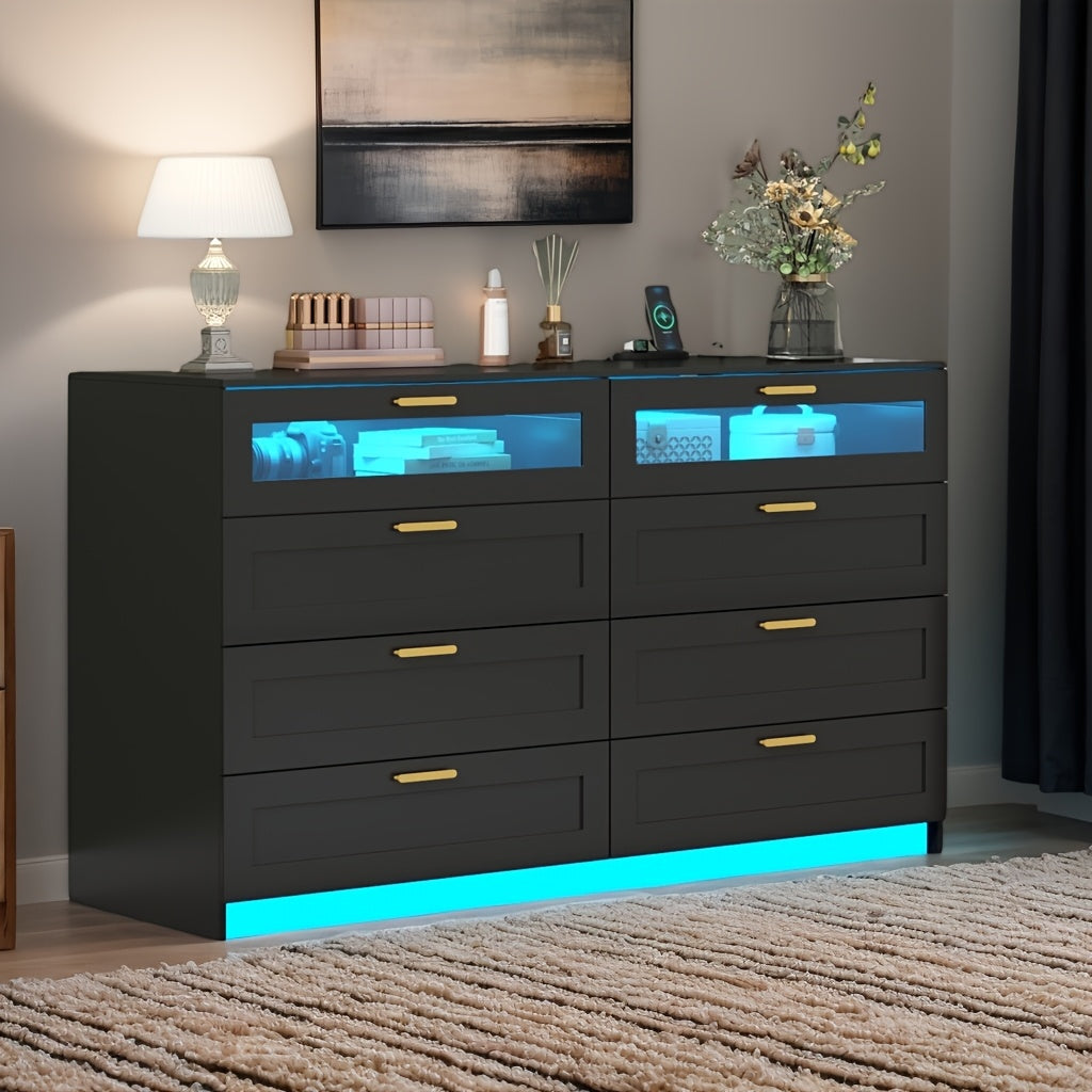 8-Drawer Dresser Bedroom Storage Cabinet with Power Outlet and LED Lights for Organized Living Spaces