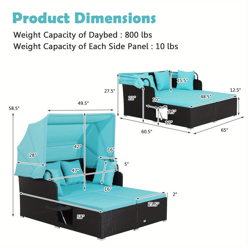 COSTWAY 2-Person Outdoor Daybed, Patio Double Chaise Lounger with Retractable Canopy And Side Tables, Wicker Sunbed with Cushions And Throw Pillows for Poolside Backyard Garden